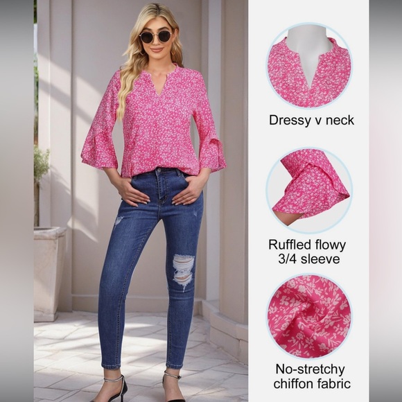 Gaharu Women's Ditsy Floral Top V Neck Chiffon Blouse 3/4 Sleeve Pink Large - Picture 4 of 11